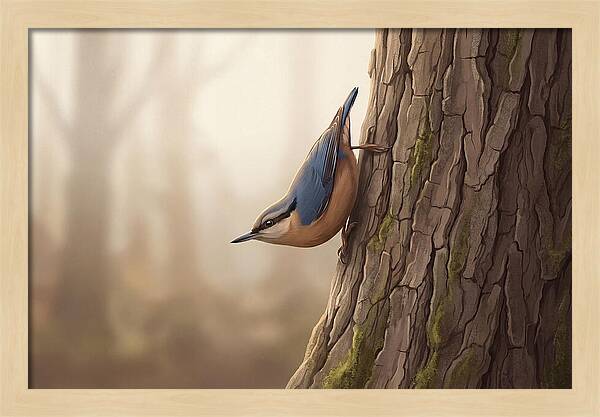 Nuthatch Descending Oak Trunk