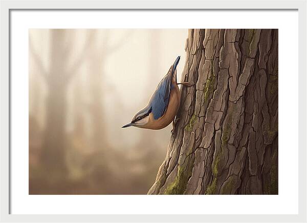 Nuthatch Descending Oak Trunk
