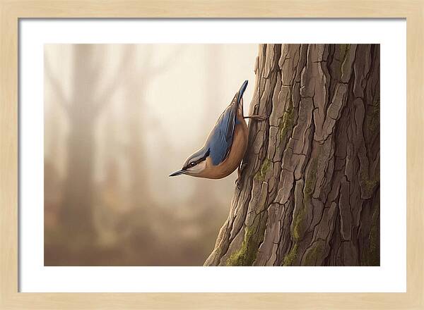 Nuthatch Descending Oak Trunk