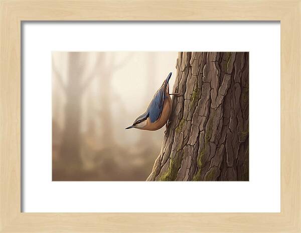 Nuthatch Descending Oak Trunk