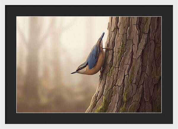 Nuthatch Descending Oak Trunk