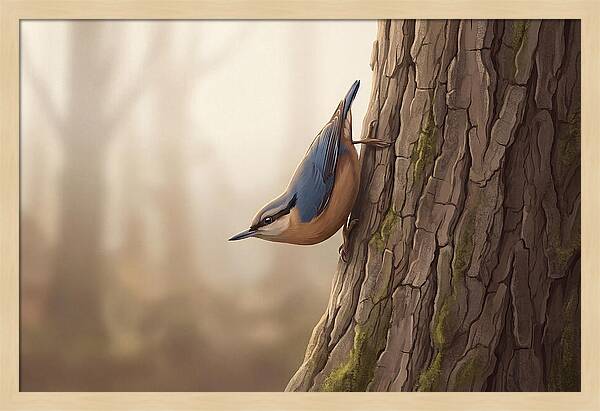 Nuthatch Descending Oak Trunk