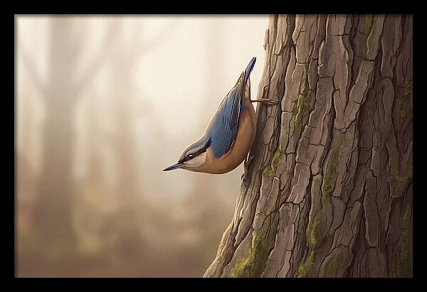 Nuthatch Descending Oak Trunk