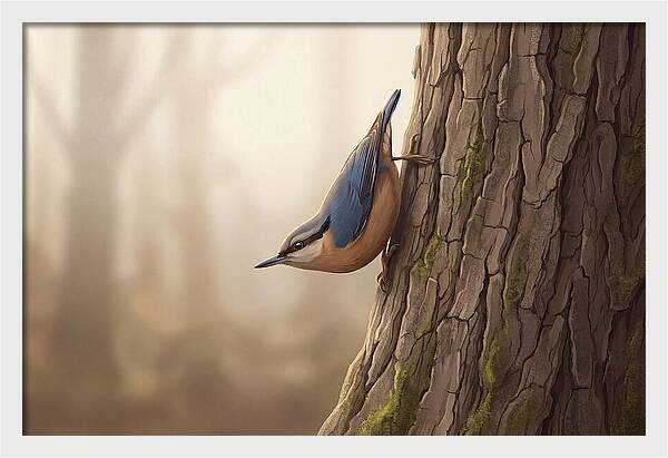 Nuthatch Descending Oak Trunk