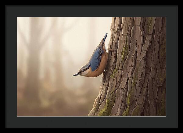 Nuthatch Descending Oak Trunk