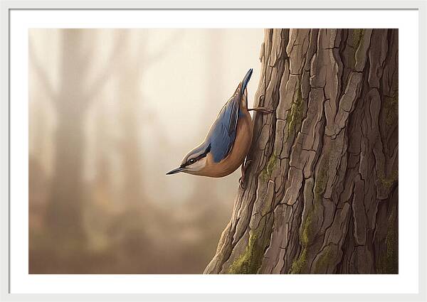 Nuthatch Descending Oak Trunk