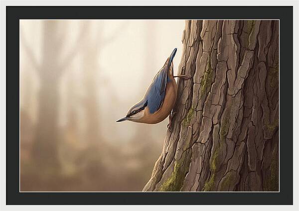 Nuthatch Descending Oak Trunk