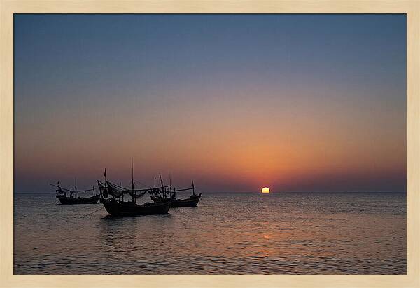 Ocean Sunset With Silhouetted Fishing Boats