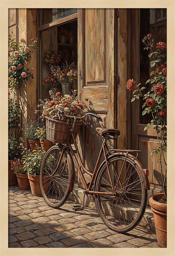 Old Bicycle With Basket Beside Flowers