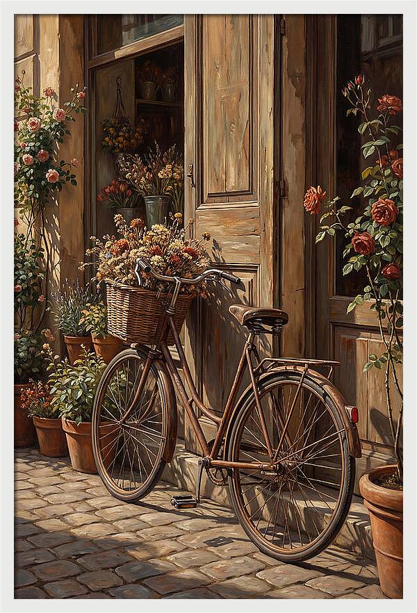 Old Bicycle With Basket Beside Flowers