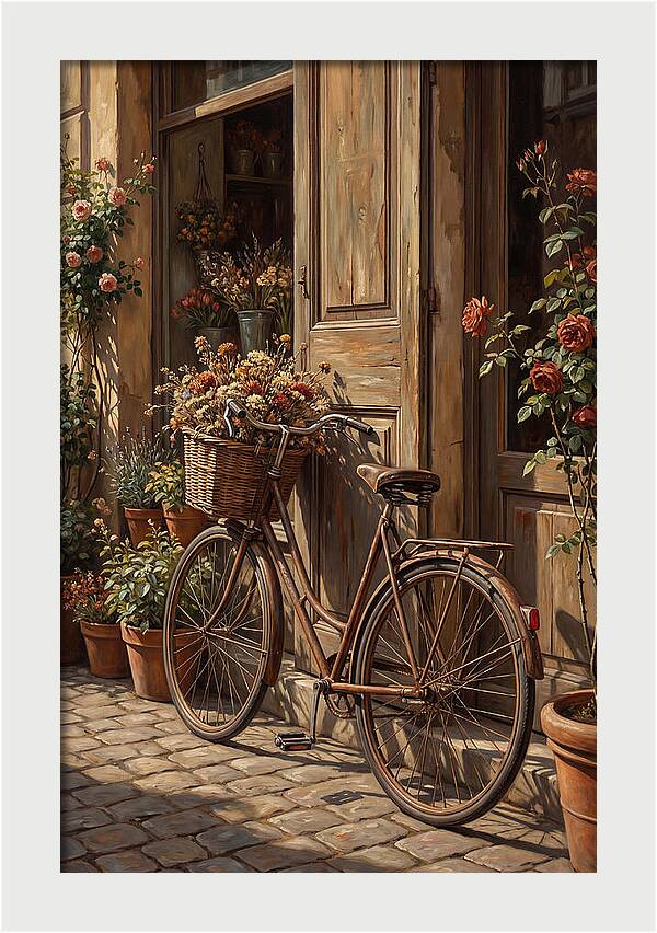Old Bicycle With Basket Beside Flowers