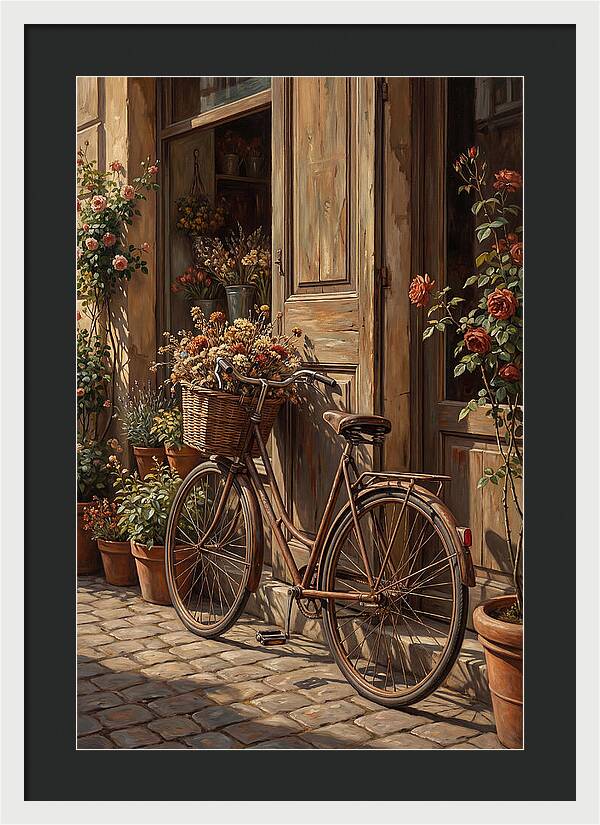 Old Bicycle With Basket Beside Flowers