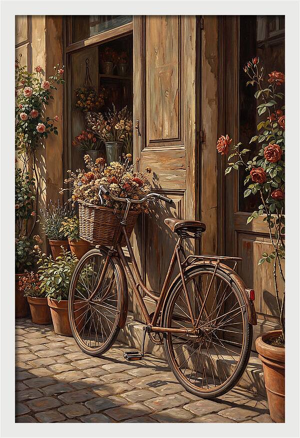 Old Bicycle With Basket Beside Flowers