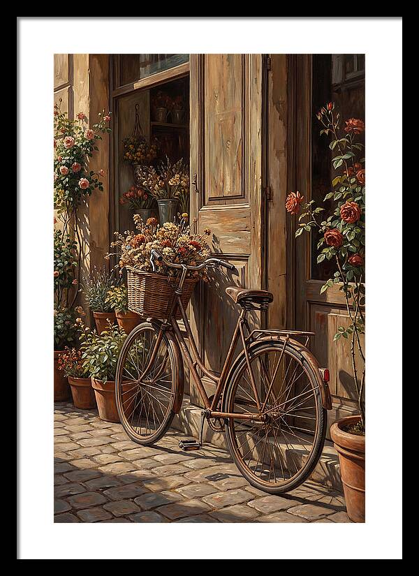 Old Bicycle With Basket Beside Flowers