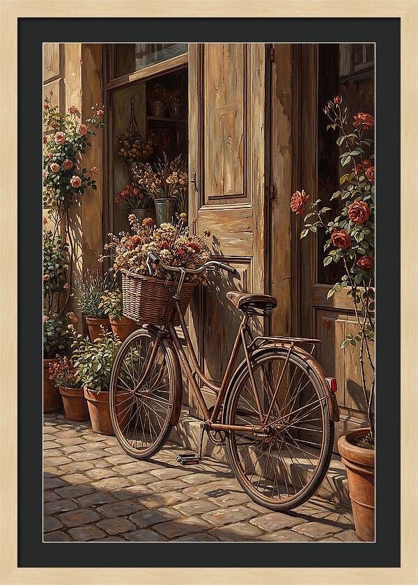 Old Bicycle With Basket Beside Flowers