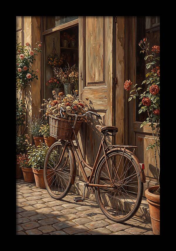 Old Bicycle With Basket Beside Flowers