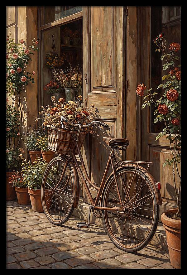Old Bicycle With Basket Beside Flowers