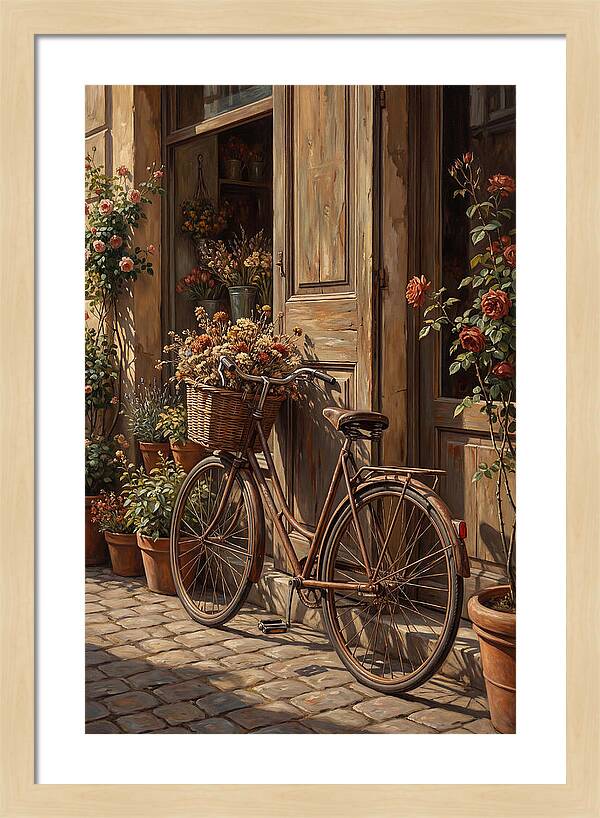 Old Bicycle With Basket Beside Flowers