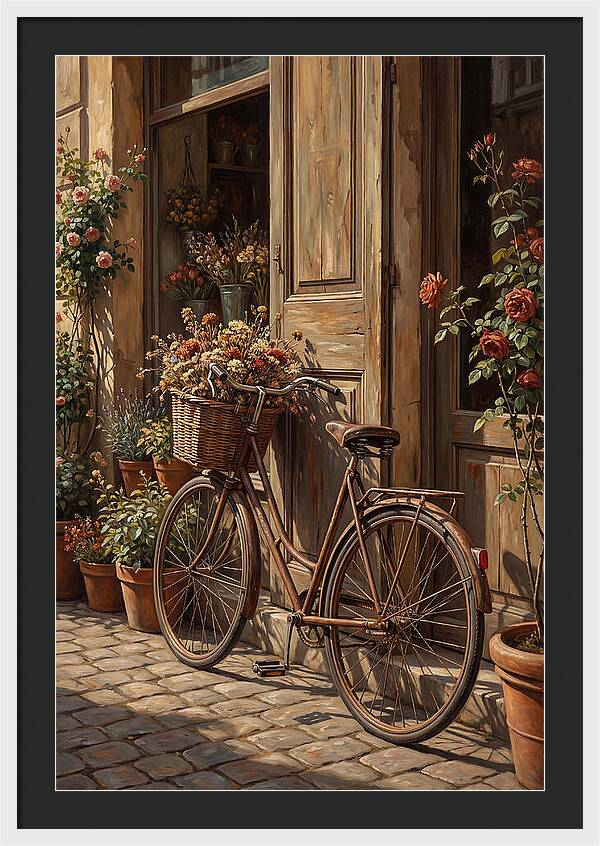 Old Bicycle With Basket Beside Flowers