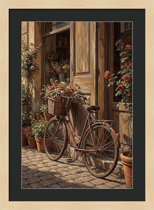 Old Bicycle With Basket Beside Flowers