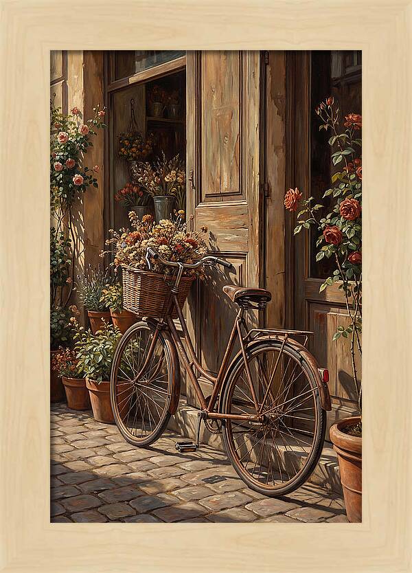 Old Bicycle With Basket Beside Flowers