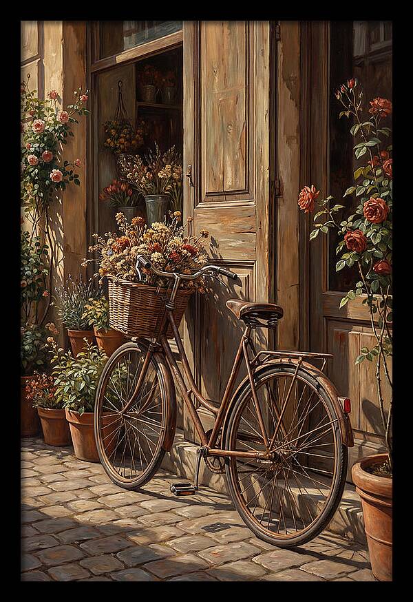 Old Bicycle With Basket Beside Flowers