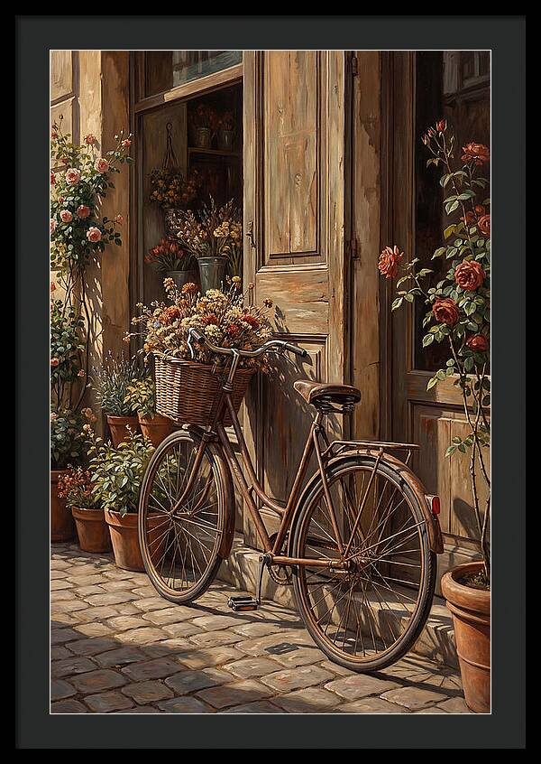 Old Bicycle With Basket Beside Flowers