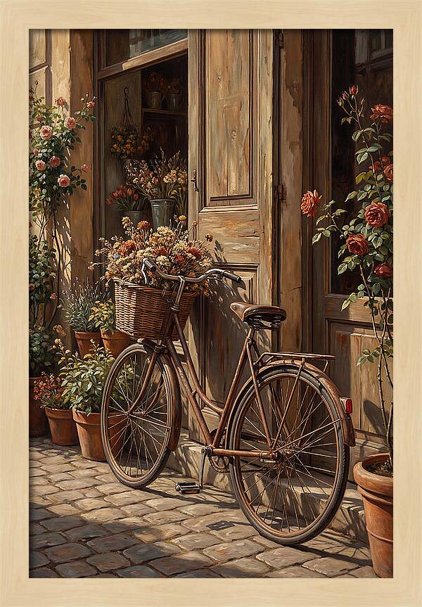 Old Bicycle With Basket Beside Flowers