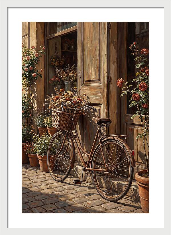 Old Bicycle With Basket Beside Flowers