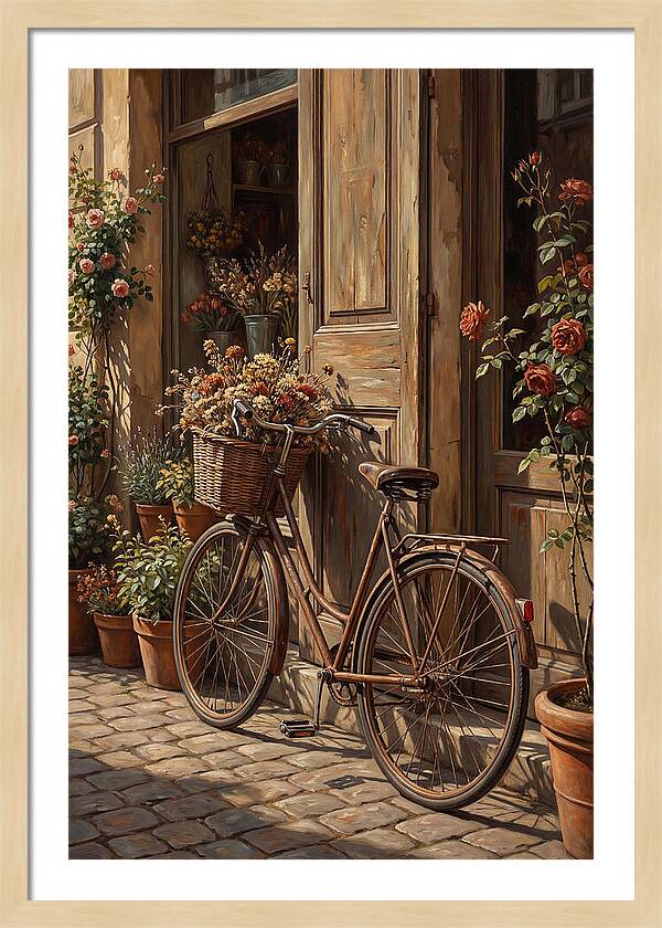 Old Bicycle With Basket Beside Flowers