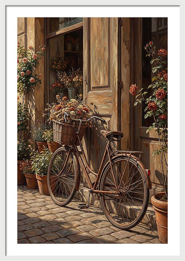 Old Bicycle With Basket Beside Flowers