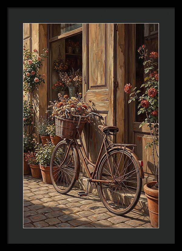 Old Bicycle With Basket Beside Flowers