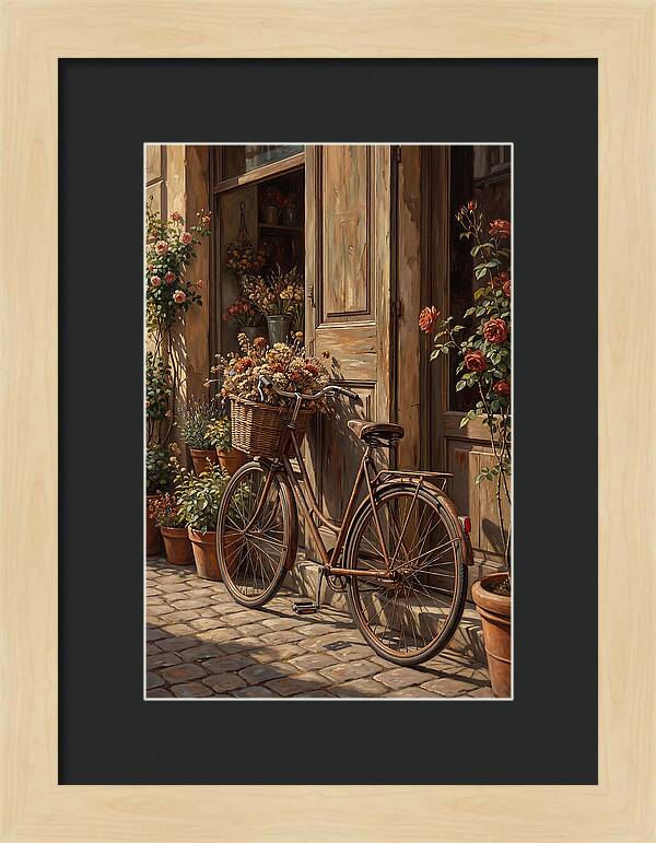 Old Bicycle With Basket Beside Flowers