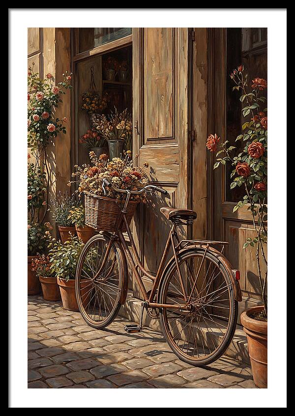 Old Bicycle With Basket Beside Flowers