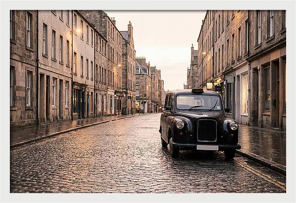 Old British Taxi Cab On Wet Street