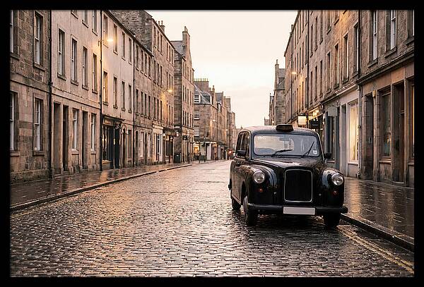 Old British Taxi Cab On Wet Street