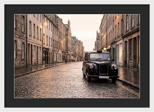 Old British Taxi Cab On Wet Street