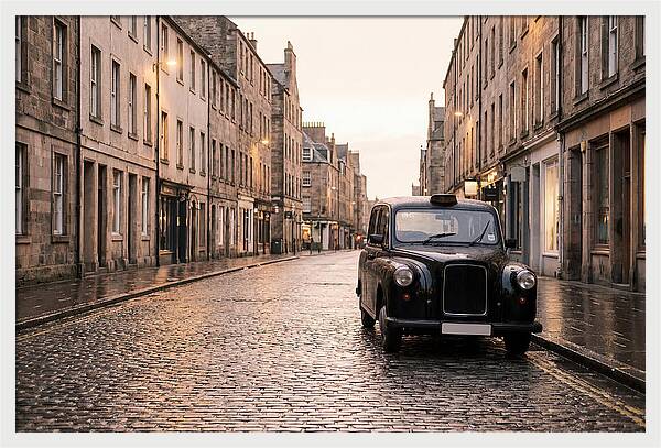 Old British Taxi Cab On Wet Street