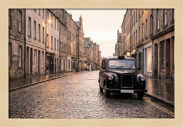 Old British Taxi Cab On Wet Street