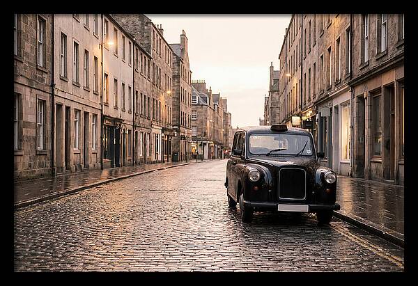 Old British Taxi Cab On Wet Street