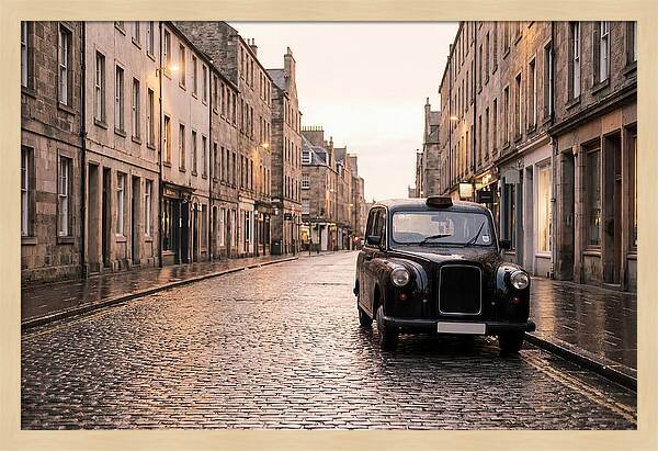 Old British Taxi Cab On Wet Street