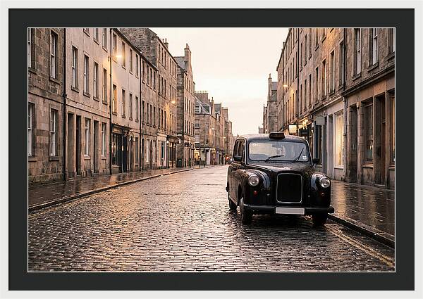 Old British Taxi Cab On Wet Street