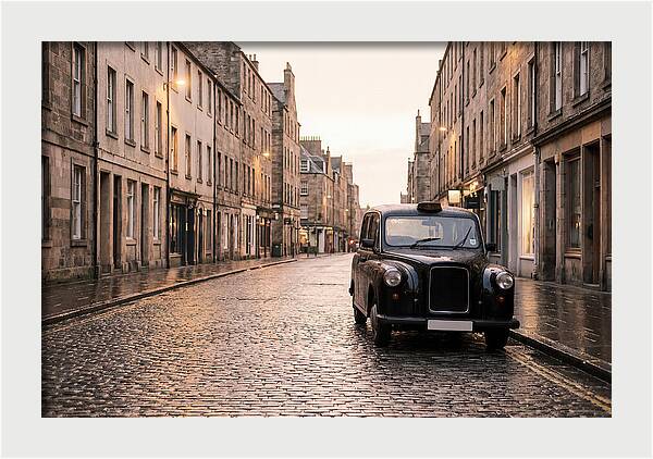 Old British Taxi Cab On Wet Street