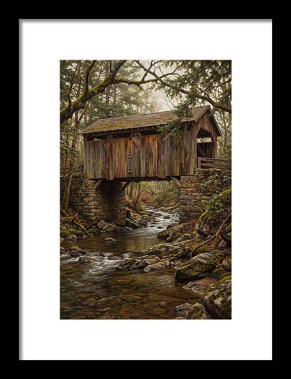 Old Covered Bridge Over Rocky Stream