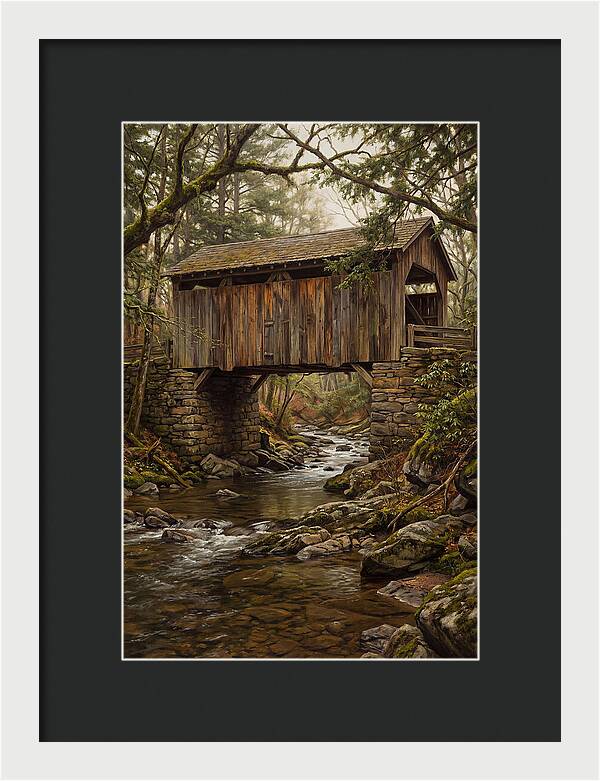 Old Covered Bridge Over Rocky Stream