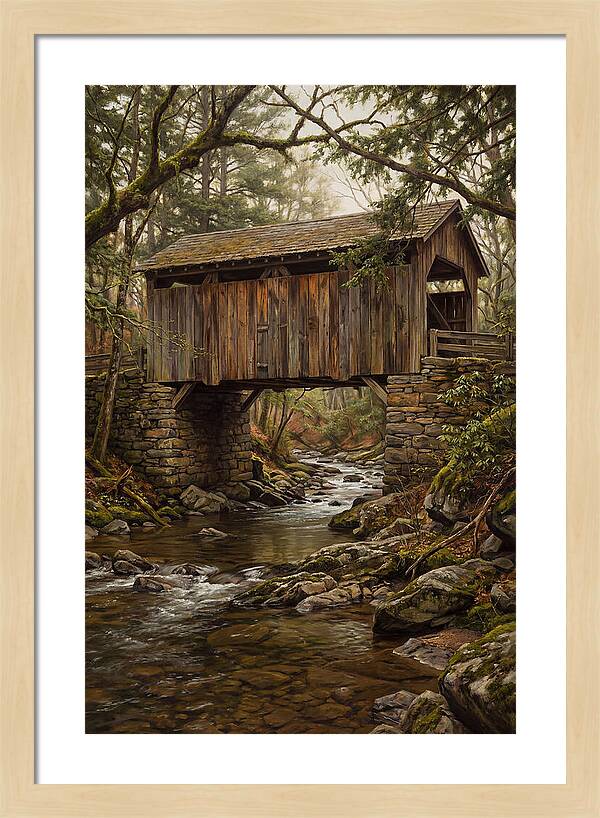 Old Covered Bridge Over Rocky Stream