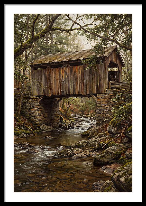 Old Covered Bridge Over Rocky Stream