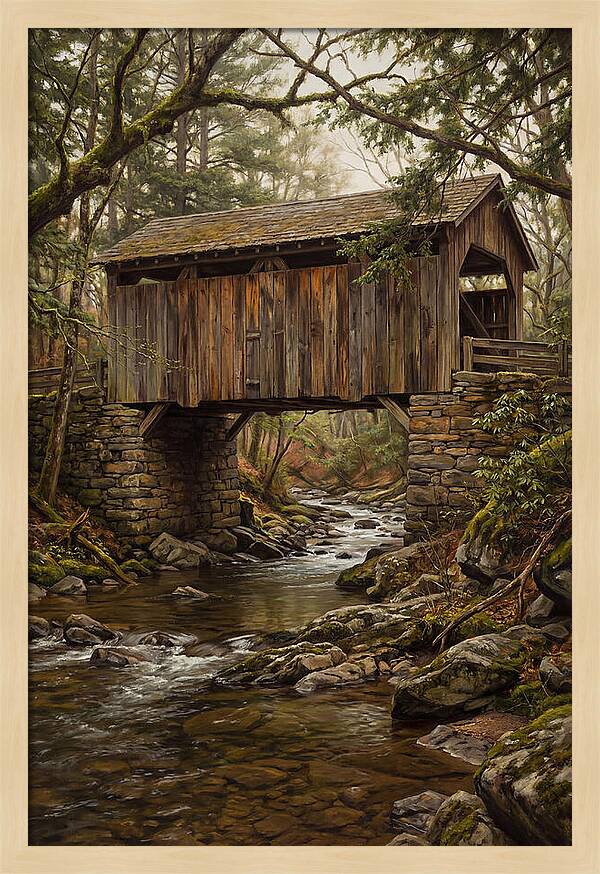 Old Covered Bridge Over Rocky Stream