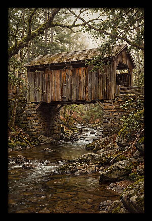 Old Covered Bridge Over Rocky Stream