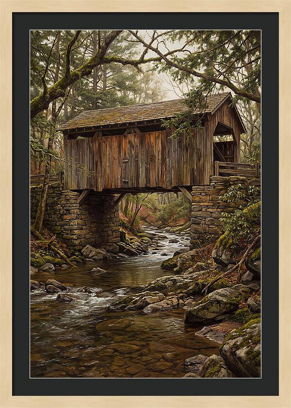 Old Covered Bridge Over Rocky Stream